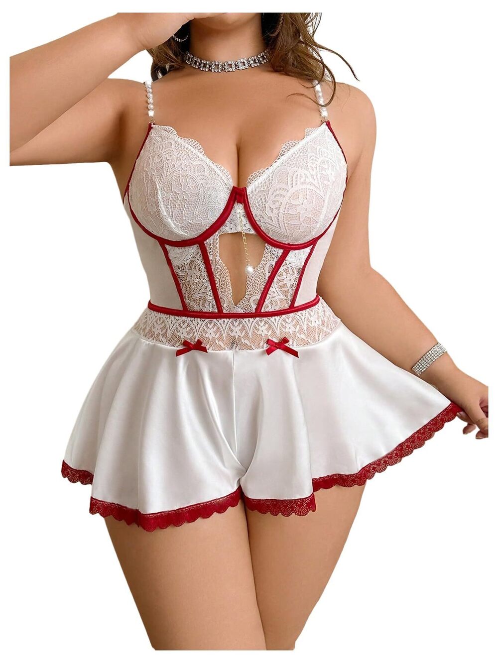 3350 Plus Size Lingerie Romper Pearl Beaded Cut Out Lace Flared Hem Cosplay